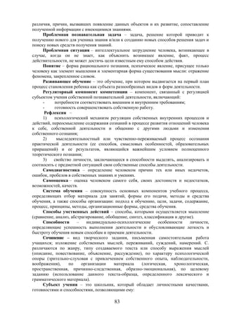 83
различия, причин, вызвавших появление данных объектов и их развитие, сопоставление
полученной информации с имеющимися знаниями.
Проблемная познавательная задача – задача, решение которой приводит к
получению нового для ученика знания и/или к созданию новых способов решения задач и
поиску новых средств получения знаний.
Проблемная ситуация – интеллектуальное затруднение человека, возникающее в
случае, когда он не знает, как объяснить возникшее явление, факт, процесс
действительности, не может достичь цели известным ему способом действия.
Понятие – форма рационального познания, психическое явление, присущее только
человеку как элемент мышления и элементарная форма существования мысли: отражение
феномена, закрепленное словом.
Развивающее обучение – это обучение, при котором выдвигается на первый план
процесс становления ребенка как субъекта разнообразных видов и форм деятельности.
Регуляторный компонент компетенции – компонент, связанный с регуляцией
субъектом учения собственной познавательной деятельности, включающий:
- потребности соответствовать внешним и внутренним требованиям;
- готовность совершенствовать собственную работу.
Рефлексия –
1) психологический механизм регуляции собственных внутренних процессов и
действий, переосмысление содержания сознаний в процессе развития отношений человека
к себе, собственной деятельности и общению с другими людьми и изменения
собственного сознания;
2) мыследеятельностный или чувственно-переживаемый процесс осознания
практической деятельности (ее способов, смысловых особенностей, образовательных
приращений) и ее результатов, являющийся важнейшим условием полноценного
теоретического познания;
3) свойство личности, заключающееся в способности выделять, анализировать и
соотносить с предметной ситуацией свои собственные способы деятельности.
Самодиагностика – определение человеком причин тех или иных недочетов,
ошибок, пробелов в собственных знаниях и умениях.
Самооценка – оценка человеком самого себя, своих достоинств и недостатков,
возможностей, качеств.
Система обучения – совокупность основных компонентов учебного процесса,
определяющих отбор материала для занятий, формы его подачи, методы и средства
обучения, а также способы организации: подход к обучению, цели, задачи, содержание,
процесс, принципы, методы, организационные формы, средства обучения.
Способы умственных действий – способы, которыми осуществляется мышление
(сравнение, анализ, абстрагирование, обобщение, синтез, классификация и другие).
Способности – индивидуально-психологические особенности личности,
определяющие успешность выполнения деятельности и обусловливающие легкость и
быстроту обучения новым способам и приемам деятельности.
Сочинение – вид творческого задания, письменная самостоятельная работа
учащихся; изложение собственных мыслей, переживаний, суждений, намерений. С.
различаются по жанру, типу создаваемого текста или способу выражения мыслей
(описание, повествование, объяснение, рассуждение), по характеру психологической
опоры (зрительно-слуховая с привлечением собственного опыта, наблюдательности,
воображения), по организации материала (логическая, хронологическая,
пространственная, причинно-следственная, образно-эмоциональная), по целевому
заданию (использование данного текста-образца, определенного лексического и
грамматического материала).
Субъект учения – это школьник, который обладает личностными качествами,
готовностями и способностями, позволяющими ему:
 