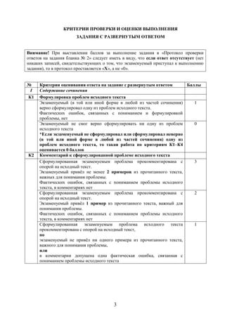 3
КРИТЕРИИ ПРОВЕРКИ И ОЦЕНКИ ВЫПОЛНЕНИЯ
ЗАДАНИЯ С РАЗВЕРНУТЫМ ОТВЕТОМ
Внимание! При выставлении баллов за выполнение задания в «Протокол проверки
ответов на задания бланка № 2» следует иметь в виду, что если ответ отсутствует (нет
никаких записей, свидетельствующих о том, что экзаменуемый приступал к выполнению
задания), то в протокол проставляется «Х», а не «0».
№ Критерии оценивания ответа на задание с развернутым ответом Баллы
I Содержание сочинения
К1 Формулировка проблем исходного текста
Экзаменуемый (в той или иной форме в любой из частей сочинения)
верно сформулировал одну из проблем исходного текста.
Фактических ошибок, связанных с пониманием и формулировкой
проблемы, нет
1
Экзаменуемый не смог верно сформулировать ни одну из проблем
исходного текста
*Если экзаменуемый не сформулировал или сформулировал неверно
(в той или иной форме в любой из частей сочинения) одну из
проблем исходного текста, то такая работа по критериям К1–К4
оценивается 0 баллов
0
К2 Комментарий к сформулированной проблеме исходного текста
Сформулированная экзаменуемым проблема прокомментирована с
опорой на исходный текст.
Экзаменуемый привёл не менее 2 примеров из прочитанного текста,
важных для понимания проблемы.
Фактических ошибок, связанных с пониманием проблемы исходного
текста, в комментариях нет
3
Сформулированная экзаменуемым проблема прокомментирована с
опорой на исходный текст.
Экзаменуемый привёл 1 пример из прочитанного текста, важный для
понимания проблемы.
Фактических ошибок, связанных с пониманием проблемы исходного
текста, в комментариях нет
2
Сформулированная экзаменуемым проблема исходного текста
прокомментирована с опорой на исходный текст,
но
экзаменуемый не привёл ни одного примера из прочитанного текста,
важного для понимания проблемы,
или
в комментарии допущена одна фактическая ошибка, связанная с
пониманием проблемы исходного текста
1
 