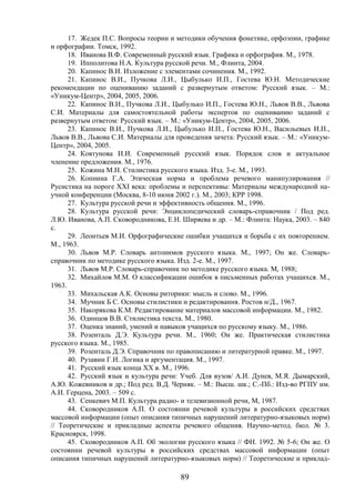 89
17. Жедек П.С. Вопросы теории и методики обучения фонетике, орфоэпии, графике
и орфографии. Томск, 1992.
18. Иванова В.Ф. Современный русский язык. Графика и орфография. М., 1978.
19. Ипполитова Н.А. Культура русской речи. М., Флинта, 2004.
20. Капинос В.И. Изложение с элементами сочинения. М., 1992.
21. Капинос В.И., Пучкова Л.И., Цыбулько И.П., Гостева Ю.Н. Методические
рекомендации по оцениванию заданий с развернутым ответом: Русский язык. – М.:
«Уникум-Центр», 2004, 2005, 2006.
22. Капинос В.И., Пучкова Л.И., Цыбулько И.П., Гостева Ю.Н., Львов В.В., Львова
С.И. Материалы для самостоятельной работы экспертов по оцениванию заданий с
развернутым ответом: Русский язык. – М.: «Уникум-Центр», 2004, 2005, 2006.
23. Капинос В.И., Пучкова Л.И., Цыбулько И.П., Гостева Ю.Н., Васильевых И.П.,
Львов В.В., Львова С.И. Материалы для проведения зачета: Русский язык. – М.: «Уникум-
Центр», 2004, 2005.
24. Ковтунова И.И. Современный русский язык. Порядок слов и актуальное
членение предложения. М., 1976.
25. Кожина М.Н. Стилистика русского языка. Изд. 3-е. М., 1993.
26. Копнина Г.А. Этическая норма и проблема речевого манипулирования //
Русистика на пороге XXI века: проблемы и перспективы: Материалы международной на-
учной конференции (Москва, 8-10 июня 2002 г.). М., 2003; КРР 1998.
27. Культура русской речи и эффективность общения. М., 1996.
28. Культура русской речи: Энциклопедический словарь-справочник / Под ред.
Л.Ю. Иванова, А.П. Сковородникова, Е.Н. Ширяева и др. – М.: Флинта: Наука, 2003. – 840
с.
29. Леонтьев М.И. Орфографические ошибки учащихся и борьба с их повторением.
М., 1963.
30. Львов М.Р. Словарь антонимов русского языка. М., 1997; Он же. Словарь-
справочник по методике русского языка. Изд. 2-е. М., 1997.
31. Львов М.Р. Словарь-справочник по методике русского языка. М, 1988;
32. Михайлов М.М. О классификации ошибок в письменных работах учащихся. М.,
1963.
33. Михальская А.К. Основы риторики: мысль и слово. М., 1996.
34. Мучник Б С. Основы стилистики и редактирования. Ростов н/Д., 1967.
35. Накорякова К.М. Редактирование материалов массовой информации. М., 1982.
36. Одинцов В.В. Стилистика текста. М., 1980.
37. Оценка знаний, умений и навыков учащихся по русскому языку. М., 1986.
38. Розенталь Д.Э. Культура речи. М., 1960; Он же. Практическая стилистика
русского языка. М., 1985.
39. Розенталь Д.Э. Справочник по правописанию и литературной правке. М., 1997.
40. Рузавин Г.И. Логика и аргументация. М., 1997.
41. Русский язык конца XX в. М., 1996.
42. Русский язык и культура речи: Учеб. Для вузов/ А.И. Дунев, М.Я. Дымарский,
А.Ю. Кожевников и др.; Под ред. В.Д. Черняк. – М.: Высш. шк.; С.-Пб.: Изд-во РГПУ им.
А.И. Герцена, 2003. – 509 с.
43. Сенкевич М.П. Культура радио- и телевизионной речи, М, 1987.
44. Сковородников А.П. О состоянии речевой культуры в российских средствах
массовой информации (опыт описания типичных нарушений литературно-языковых норм)
// Теоретические и прикладные аспекты речевого общения. Научно-метод. бюл. № 3.
Красноярск, 1998.
45. Сковородников А.П. Об экологии русского языка // ФН. 1992. № 5-6; Он же. О
состоянии речевой культуры в российских средствах массовой информации (опыт
описания типичных нарушений литературно-языковых норм) // Теоретические и приклад-
 
