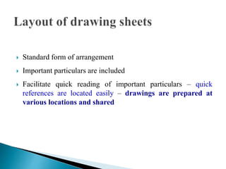  Standard form of arrangement
 Important particulars are included
 Facilitate quick reading of important particulars – quick
references are located easily – drawings are prepared at
various locations and shared
 