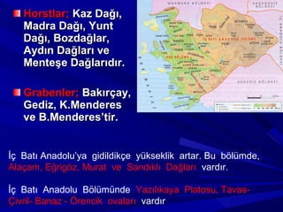 Horstlar; Kaz Dağı,
   Madra Dağı, Yunt
   Dağı, Bozdağlar,
   Aydın Dağları ve
   Menteşe Dağlarıdır.

   Grabenler; Bakırçay,
   Gediz, K.Menderes
   ve B.Menderes’tir.


İç Batı Anadolu’ya gidildikçe yükseklik artar. Bu bölümde,
Alaçam, Eğrigöz, Murat ve Sandıklı Dağları vardır.

İç Batı Anadolu Bölümünde Yazılıkaya Platosu, Tavas-
Çivril- Banaz - Örencik ovaları vardır
 