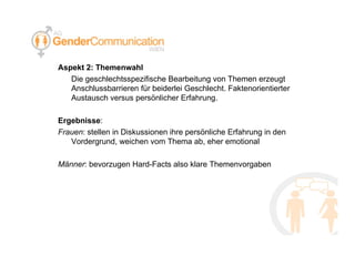 Aspekt 2: Themenwahl Die geschlechtsspezifische Bearbeitung von Themen erzeugt Anschlussbarrieren für beiderlei Geschlecht. Faktenorientierter Austausch versus persönlicher Erfahrung. Ergebnisse : Frauen : stellen in Diskussionen ihre persönliche Erfahrung in den Vordergrund, weichen vom Thema ab, eher emotional Männer : bevorzugen Hard-Facts also klare Themenvorgaben 