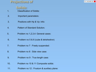 1. Classification of Solids:
2. Important parameters:
3. Positions with Hp & Vp: Info:
4. Pattern of Standard Solution.
5. Problem no 1,2,3,4: General cases:
6. Problem no 5 & 6 (cube & tetrahedron)
7. Problem no 7 : Freely suspended:
8. Problem no 8 : Side view case:
9. Problem no 9 : True length case:
10. Problem no 10 & 11 Composite solids:
11. Problem no 12 : Frustum & auxiliary plane:
 