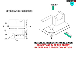 X Y
FV
O
40
10
10
TV
25
25
30 R
100
103010
20 D
FOR
F.V.
O
PICTORIAL PRESENTATION IS GIVEN
DRAW FV AND TV OF THIS OBJECT
BY FIRST ANGLE PROJECTION METHOD
19
ORTHOGRAPHIC PROJECTIONS
FOR T.V.
 