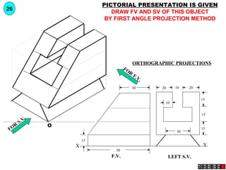 YX
F.V. LEFT S.V.
20 2010
15
15
15
30
10
30
50
15
FOR
S.V.
FOR
F.V.
O
PICTORIAL PRESENTATION IS GIVEN
DRAW FV AND SV OF THIS OBJECT
BY FIRST ANGLE PROJECTION METHOD
26
ORTHOGRAPHIC PROJECTIONS
 