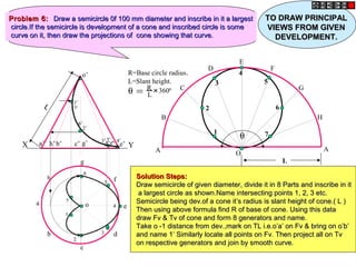 o’
h
a
b
c
d
g
f
o e
a’ b’ c’ g’ d’f’ e’h’X Y
θ = R
L
+
3600
R=Base circle radius.
L=Slant height.
θ
A
B
C
D
E
F
G
H
A
O
1
3
2
4
7
6
5
L
11
22
33
44
55
66
77
1’1’
2’2’
3’3’ 4’4’5’5’
6’6’
7’7’
Problem 6:Problem 6: Draw a semicircle 0f 100 mm diameter and inscribe in it a largestDraw a semicircle 0f 100 mm diameter and inscribe in it a largest
circle.If the semicircle is development of a cone and inscribed circle is somecircle.If the semicircle is development of a cone and inscribed circle is some
curve on it, then draw the projections of cone showing that curve.curve on it, then draw the projections of cone showing that curve.
Solution Steps:Solution Steps:
Draw semicircle of given diameter, divide it in 8 Parts and inscribe in itDraw semicircle of given diameter, divide it in 8 Parts and inscribe in it
a largest circle as shown.Name intersecting points 1, 2, 3 etc.a largest circle as shown.Name intersecting points 1, 2, 3 etc.
Semicircle being dev.of a cone it’s radius is slant height of cone.( L )Semicircle being dev.of a cone it’s radius is slant height of cone.( L )
Then using above formula find R of base of cone. Using this dataThen using above formula find R of base of cone. Using this data
draw Fv & Tv of cone and form 8 generators and name.draw Fv & Tv of cone and form 8 generators and name.
Take o -1 distance from dev.,mark on TL i.e.o’a’ on Fv & bring on o’b’Take o -1 distance from dev.,mark on TL i.e.o’a’ on Fv & bring on o’b’
and name 1’ Similarly locate all points on Fv. Then project all on Tvand name 1’ Similarly locate all points on Fv. Then project all on Tv
on respective generators and join by smooth curve.on respective generators and join by smooth curve.
LL
TO DRAW PRINCIPALTO DRAW PRINCIPAL
VIEWS FROM GIVENVIEWS FROM GIVEN
DEVELOPMENT.DEVELOPMENT.
 