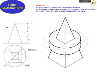 Z
STUDY
ILLUSTRATIONS
30
10
30
60 D
40 SQUARE
FV
TV
PROBLEM:
A CIRCULAR PLATE IS PIERCED THROUGH CENTRALLY
BY A SQUARE PYRAMID WHICH COMES OUT EQUALLY FROM BOTH FACES
OF PLATE. IT’S FV & TV ARE SHOWN. DRAW ISOMETRIC VIEW.
15
 