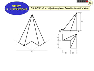 Z
STUDY
ILLUSTRATIONS
X Y
50
20
25
25 20
O
O
F.V. & T.V. of an object are given. Draw it’s isometric view.
20
 