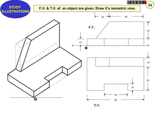 O
O
10
10
30
10
30
4020
80
30
F.V.
T.V.
X Y
F.V. & T.V. of an object are given. Draw it’s isometric view.Z
STUDY
ILLUSTRATIONS
34
 