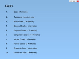 Scales
1. Basic Information
2. Types and important units
3. Plain Scales (3 Problems)
4. Diagonal Scales - information
5. Diagonal Scales (3 Problems)
6. Comparative Scales (3 Problems)
7. Vernier Scales - information
8. Vernier Scales (2 Problems)
9. Scales of Cords - construction
10. Scales of Cords (2 Problems)
 