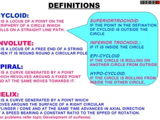 CYCLOID:
IS A LOCUS OF A POINT ON THE
ERIPHERY OF A CIRCLE WHICH
OLLS ON A STRAIGHT LINE PATH.
NVOLUTE:
IS A LOCUS OF A FREE END OF A STRING
HEN IT IS WOUND ROUND A CIRCULAR POLE
SPIRAL:
IS A CURVE GENERATED BY A POINT
HICH REVOLVES AROUND A FIXED POINT
ND AT THE SAME MOVES TOWARDS IT.
HELIX:
IS A CURVE GENERATED BY A POINT WHICH
OVES AROUND THE SURFACE OF A RIGHT CIRCULAR
YLINDER / CONE AND AT THE SAME TIME ADVANCES IN AXIAL DIRECTION
T A SPEED BEARING A CONSTANT RATIO TO THE SPPED OF ROTATION.
or problems refer topic Development of surfaces)
DEFINITIONS
SUPERIORTROCHOID:
IF THE POINT IN THE DEFINATION
OF CYCLOID IS OUTSIDE THE
CIRCLE
INFERIOR TROCHOID.:
IF IT IS INSIDE THE CIRCLE
EPI-CYCLOID
IF THE CIRCLE IS ROLLING ON
ANOTHER CIRCLE FROM OUTSIDE
HYPO-CYCLOID.
IF THE CIRCLE IS ROLLING FROM
INSIDE THE OTHER CIRCLE,
 