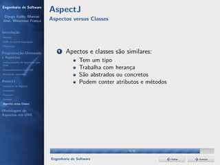 Engenharia de Software
                                  AspectJ
 Dyego Ítallo, Marcos
José, Weverson França             Aspectos versus Classes

Introdução
História
POA em outras linguagens
Motivação


Programação Orientada
                                      1   Apectos e classes são similares:
a Aspectos
Gerenciamento de interesses com
                                                 Tem um tipo
POA
Desenvolvimento com POA
                                                 Trabalha com herança
Benefícios esperados
                                                 São abstrados ou concretos
AspectJ                                          Podem conter atributos e métodos
Instalação do AspectJ
Joinpoints
Pointcuts
Adivices
Aspectos versus Classes

Modelagem de
Aspectos em UML




                                                                   33/36


                                  Engenharia de Software                            Voltar   Avançar
 