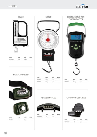 130
Tools
Scale
Code		Max.	 Unit	Note
SE9106012		 12 kg	 1 pcs
Scale
Code		Max.	 Unit	Note
TR70001		 22 kg	 1 pcs
TR70006		 35 kg	 1 pcs
Code		Max.	 Unit	Note
TR70008		 40 kg	 1 pcs
Digital Scale with
Thermometer
Head Lamp 5LED
Code		LED	 Unit	Note
TR67012		 5	 1 pcs
Peak Lamp 5LED
Code		LED	 Unit	Note
SE9150027		 5	 1 pcs
Lamp with Clip 3LED
Code		LED	 Unit	Note
SE9150024		 3	 1 pcs
 