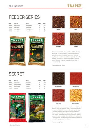 131
Code	Item PL	Item	 Unit	Note
TR00099	 FeederLeszcz	 Feederbream	 1kg	 CZ*
TR00100	 FeederKarp	 Feedercarp	 1kg	 CZ*
TR00101	 FeederDynamic	 FeederDynamic	 1kg	 CZ*
TR00102	 FeederTurbo	 FeederTurbo	 1kg	 CZ*
Code	Item PL	Item	 Unit	Note
TR00023	 Feederczarny	 Feederblack	 1kg	 CZ*
TR00024	 Feederczerwony	 Feederred	 1kg	 CZ*
TR00025	 Karpczerwony	 Carpred	 1kg	 CZ*
TR00026	 Karpżółty	 Carpyellow	 1kg	 CZ*
Feeder Series
Krmení navržené tak, aby u krmítka udržela všechny
druhy ryb. Lze použít na řece, rybníku nebo velkých
údolních nárdžích. Přidávejte do krmení vodu za
současného míchání, potom krmení prosijte přes síto,
aby bylo dosaženo co nejlepšího výsledku. Účinnost
směsi lze zvýšit přidáním masových červů, žížal či
hnojních červů.
Trade packaging: 10pcs
Bream Carp
Dynamic Turbo
Feeder black Feeder red
Carp red Carp yellow
Secret
Série Secret je extrémně silné aromatické krmení. Řadu Secret
je možné použít jako atraktivní složku s posilovacím efektem v
kombinaci se základním krmením nebo řadou Speciál, Carp,
Ekonomik. Zajímavostí této řady jsou velmi výrazné barvy.
Vyrobeno z kvalitních přírodních produktů, které byly ochuceny
a pak tepelně zpracovány. Tepelným zpracováním se chuťové a
aromatické složky dostaly do všech částí krmení a zvýšila se tím
i jejich trvanlivost. Díky těmto vlastnostem doporučujeme použít
na vodách s vysokým rybářským tlakem.
Trade packaging: 10pcs
Groundbaits
* Only Czech Market
 