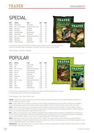 132
Code	Item PL	Item	 Unit	Note
TR00032	 Feederspecjal 	 SpecialFeeder	 1kg	 CZ*
TR00035	 Karp–Lin–Karaśspecjal	 SpecialCarp-Tench-Crucian	 1kg	 CZ*
TR00036	 Karpspecjal 	 SpecialCarp	 1kg	 CZ*
TR00040	 Rzekaspecjal	 SpecialRiver	 1kg	 CZ*
TR00041	 Uniwersalnaspecjal	 SpecialUniversal	 1kg	 CZ*
TR00042	 Feederspecjal 	 SpecialFeeder	 2,5kg	 CZ*
TR00044	 Karp–Lin–Karaśspecjal	 SpecialCarp-Tench-Crucian	 2,5kg	 CZ*
TR00045	 Karpspecjal 	 SpecialCarp	 2,5kg	 CZ*
TR00049	 Rzekaspecjal	 SpecialRiver	 2,5kg	 CZ*
TR00050	 Uniwersalnaspecjal	 SpecialUniversal	 2,5kg	 CZ*
Code	Item PL	Item	 Unit	Note
TR00051	 Feeder	 PopularFeeder	 1kg	 CZ*
TR00054	 Karp	 PopularCarp	 1kg	 CZ*
TR00055	 Karp–Lin–Karaś	 PopularCarp-Tench-Crucian	 1kg	 CZ*
TR00056	 Leszcz1kg	 PopularBream1kg	 1kg	 CZ*
TR00058	 Płoć1kg	 PopularRoach1kg	 1kg	 CZ*
TR00059	 Rzeka	 PopularRiver	 1kg	 CZ*
TR00060	 Uniwersalna	 PopularUniversal	 1kg	 CZ*
TR00061	 Feeder	 PopularFeeder	 2,5kg	 CZ*
TR00064	 Karp–Lin–Karaś	 PopularCarp-Tench-Crucian	 2,5kg	 CZ*
TR00063	 Karp	 PopularCarp	 2,5kg	 CZ*
TR00067	 Płoć	 PopularRoach	 2,5kg	 CZ*
TR00068	 Rzeka	 PopularRiver	 2,5kg	 CZ*
TR00069	 Uniwersalna	 PopularUniversal	 2,5kg	 CZ*
Special
Série Special je obohacena exotickými přísadami a vůněmi působícími na různé druhy ryb. Krmení
určené pro náročného rybáře. V kombinaci s posilovači, popř. živou složkou, je velmi účinné.
Trade packaging: 1kg=10pcs, 2.5kg=5pcs
Popular
Krmení vyrobené z vybraných přírodních složek je velmi efektivní při všech způsobech lovu. Použitá
aromata fungují skvěle na všechny druhy ryb kaprovitých.
Trade packaging: 1 kg = 10 pcs, 2,5 kg = 5 pcs
Groundbaits
Feeder - vnadící směs určená k feederovému lovu všech druhů ryb. Charakteristická směs, silně a okamžitě působí, používá se na
jezerech, rybnících, kanálech a řekách.
Karp - vnadící směs s ovocnou příchutí, určená k lovu kaprů. Vhodně zvolená příchuť a granulace složek umožňuje rychle zavádět a
dlouho udržovat kapry v lovišti. Vnadící směs je možno ochutit přidáním ořechové příchutě a aromatizované kukuřice z konzervy.
Leszc - vnadící směs určená k lovu cejnů. Specifická směs se zakládá na ideálně zvolených chuťových a vonných složkách, vybraně
působících na tento druh ryb. Přidáním perníkové a ořechové moučky a tekuté melasy výrazně zlepšuje její efektivitu. Během rybaření v
řece je nutno ke směsi přidat lepidlo a zatížit štěrkem nebo hlínou.
Ploc - vnadící směs určená k lovu plotic. Vyrobena na základě vhodně zvoleného pečiva a olejnatých zrn oblíbených tímto druhem ryb.
Účinnost směsi se zlepší přidáním vařeného nebo praženého konopí. Na velké plotice je nutno rovněž přidat namočené holubí výkaly a
lněnou pokrutinu. Během rybaření v řece je nutno k návnadě přidat lepidlo a zatížit štěrkem nebo hlínou.
Rzeka - těžká dobře se lepící vnadící směs určená k lovení na řekách. Tato směs umožňuje rychle nasadit ryby do loviště. Přidáním
vhodných návnadových a chuťových přídavků je možno směs usměrnit na určitý druh ryb nacházejících se v řece. Během rybaření v řece je
nutno k návnadě přidat lepidlo a zatížit štěrkem nebo hlínou.
Uniwersalna - univerzální vnadící směs z přirozených složek je určena pro lov kaprovitých ryb. Během rybaření v řece je nutno k návnadě
přidat lepidlo a zatížit štěrkem nebo hlínou.
* Only Czech Market
 