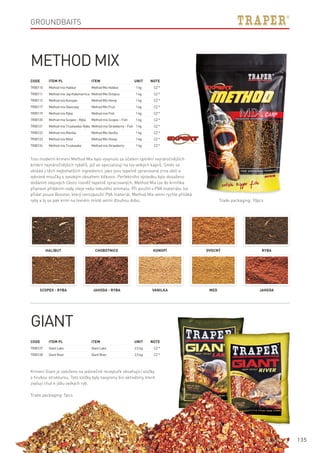 135
Code	Item PL	Item	 Unit	Note
TR00110	 MethodmixHalibut	 MethodMixHalibut	 1kg	 CZ*
TR00111	 MethodmixJap.Kałamarnica	 MethodMixOctopus	 1kg	 CZ*
TR00112	 MethodmixKonopie	 MethodMixHemp	 1kg	 CZ*
TR00117	 MethodmixOwocowy	 MethodMixFruit	 1kg	 CZ*
TR00119	 MethodmixRyba	 MethodmixFish	 1kg	 CZ*
TR00120	 MethodmixScopex–Ryba	 MethodmixScopex–Fish	 1kg	 CZ*
TR00121	 MethodmixTruskawka–Ryba	 MethodmixStrawberry–Fish	 1kg	 CZ*
TR00122	 MethodmixWanilia	 MethodMixVanilla	 1kg	 CZ*
TR00123	 MethodmixMiód	 MethodMixHoney	 1kg	 CZ*
TR00124	 MethodmixTruskawka	 MethodmixStrawberry	 1kg	 CZ*
Method Mix
Toto moderní krmení Method Mix bylo vyvynuto za účelem splnění nejnáročnějších
kritérií nejnáročnějších rybářů, jež se specializují na lov velkých kaprů. Směs se
skládá z těch nejbohatších ingrediencí, jako jsou tepelně zpracovaná zrna obilí a
vybrané moučky s vysokým obsahem bílkovin. Perfektního výsledku bylo dosaženo
dodáním olejových částic rovněž tepelně zpracovaných. Method Mix lze do krmítka
připravit přidáním vody, oleje nebo tekutého aromatu. Při použití v PVA materiálu lze
přidat pouze Booster, který nerozpouští PVA materiál. Method Mix velmi rychle přiláká
ryby a ty se pak krmí na lovném místě velmi dlouhou dobu.
Halibut Chobotnice Konopí Ovocný Ryba
Scopex - Ryba Jahoda - Ryba Vanilka Med Jahoda
Giant
Krmení Giant je založeno na jedinečné receptuře obsahující složky
s hrubou strukturou. Tyto složky byly nasyceny bio aktivátory, které
zvyšují chuť k jídlu velkých ryb.
Trade packaging: 5pcs
Code	Item PL	Item	 Unit	Note
TR00127	 GiantLake	 GiantLake	 2,5kg	 CZ*
TR00128	 GiantRiver	 GiantRiver	 2,5kg	 CZ*
Trade packaging: 10pcs
Groundbaits
 