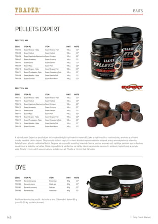 140
Code	Item PL	Item	 Unit	Note
TR04104	 ExpertAnanas–Ryba	 ExpertAnanas-Fish	 100g	 CZ*
TR04105	 ExpertHalibut	 ExpertHalibut	 100g	 CZ*
TR04106	 ExpertJapońskaKałamarnica	ExpertOctopus	 100g	 CZ*
TR04107	 ExpertKrewetka	 ExpertSchrimp	 100g	 CZ*
TR04152	 ExpertŁosoś	 ExpertSalmon	 100g	 CZ*
TR04109	 ExpertRyba	 ExpertFish	 100g	 CZ*
TR04110	 ExpertScopex–Ryba	 ExpertScopex-Fish	 100g	 CZ*
TR04111	 ExpertTruskawka–Ryba	 ExpertStrawberry-Fish	 100g	 CZ*
TR04108	 ExpertWanilia–Ryba	 ExpertVanilla-Fish	 100g	 CZ*
TR04158	 ExpertOchotka	 ExpertRainWorm	 100g	 CZ*
Code	Item PL	Item	 Unit	Note
TR04112	 ExpertAnanas–Ryba	 ExpertAnanas-Fish	 100g	 CZ*
TR04113	 ExpertHalibut	 ExpertHalibut	 100g	 CZ*
TR04114	 ExpertJapońskaKałamarnica	ExpertOctopus	 100g	 CZ*
TR04115	 ExpertKrewetka	 ExpertSchrimp	 100g	 CZ*
TR04153	 ExpertŁosoś	 ExpertSalmon	 100g	 CZ*
TR04117	 ExpertRyba	 ExpertFish	 100g	 CZ*
TR04118	 ExpertScopex–Ryba	 ExpertScopex-Fish	 100g	 CZ*
TR04119	 ExpertTruskawka–Ryba	 ExpertStrawberry-Fish	 100g	 CZ*
TR04116	 ExpertWanilia–Ryba	 ExpertVanilla-Fish	 100g	 CZ*
TR04159	 ExpertOchotka	 ExpertRainWorm	 100g	 CZ*
Pellets Expert
Pelety 12 mm
Pelety 16 mm
K výrobě pelet Expert se používá jen těch nejkvalitnějších přírodních materiálů, jako je rybí moučka, rostlinný olej, aromata a přírodní
mouky nasáklé rybím olejem. Díky tomuto složení kapr při krmení dostává nepostradatelné stopové prvky, aminokyseliny a vitamíny.
Pelety Expert působí v několika fázích. Nejprve se rozpouští a uvolňují mastné částice spolu s aromaty což zajišťuje peletám jejich dlouhou
soudržnost a stabilitu na háčku. Doba rozpouštění a udržení se na háčku závisí na několika faktorech: velikosti, teplotě vody a pohybu
vody. Pelety 12 mm udrží svou strukturu a stabilitu 4 až 7 hodin a 16 mm 8 až 14 hodin.
Code	Item PL	Item	 Unit	Note
TR01079	 Barwnikbrązowy	 Browndye	 80g	 CZ*
TR01080	 Barwnikczarny	 Blackdye	 80g	 CZ*
TR01081	 Barwnikczerwony	 Reddye	 80g	 CZ*
TR01082	 Barwnikżółty	Yellowdye	 80g	 CZ*
Dye
Práškové barvivo lze použít i do boilie a těst. Dávkování: balení 80 g
je na 10-20 kg suchého krmení.
Baits
* Only Czech Market
 