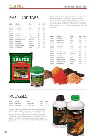 142
Additives, boosters
Smell additives
Posilovače této kategorie obsahují méně aktivních složek oproti
tekutým posilovačům v sérii Aromatix, aktivátorům Gold a
sypkým posilovačům Koncentrat. Výhodou sypkých posilovačů
je zejména možnost přidávat posilovač do již hotového krmení,
aniž by rybář změnil konzistenci své vnadící směsi. Doporučené
dávkování balení 70 g je na 3 kg namíchaného krmení, balení 250
g na 5-7 kg.
Code	Item PL	Item	 Unit	Note
TR02042	 MelasaLeszcz	 MelasaBream	 250ml	 CZ*
TR02043	 MelasaLeszcz	 MelasaBream	 500ml	 CZ*
Code	Item PL	Item	 Unit	Note
TR01065	 AtraktorAnyż 	 Anise	 70g	 CZ*
TR01066	 AtraktorBigFish 	 BigFish	 70g	 CZ*
TR01067	 AtraktorCzosnek 	 Garlic	 70g	 CZ*
TR01068	 AtraktorFeeder 	 Feeder	 70g	 CZ*
TR01069	 AtraktorKarmel 	 Caramel	 70g	 CZ*
TR01070	 AtraktorKarp 	 Carp	 70g	 CZ*
TR01097	 AtraktorKarp–Lin–Karaś	 Carp-Tench-Crucian	 70g	 CZ*
TR01098	 AtraktorKrewsuszona	 Blooddried	 70g	 CZ*
TR01074	 AtraktorMiód 	 Honey	 70g	 CZ*
TR01076	 AtraktorScopex 	 Scopex	 70g	 CZ*
TR01077	 AtraktorTruskawka 	 Strawberry	 70g	 CZ*
TR01078	 AtraktorWanilia 	 Vanilla	 70g	 CZ*
Code	Item PL	Item	 Unit	Note
TR01041	 AtraktorAnyż 	 Anise	 250g	 CZ*
TR01042	 AtraktorBigFish 	 BigFish	 250g	 CZ*
TR01043	 AtraktorCzosnek 	 Garlic	 250g	 CZ*
TR01044	 AtraktorFeeder 	 Feeder	 250g	 CZ*
TR01096	 AtraktorHalibut	 Halibut	 250g	 CZ*
TR01045	 AtraktorKarmel 	 Caramel	 250g	 CZ*
TR01047	 AtraktorKarpsekret 	 CarpSecret	 250g	 CZ*
TR01048	 AtraktorKarpspecjal 	 CarpSpecial	 250g	 CZ*
TR01050	 AtraktorKrewsuszona	 Blooddried	 250g	 CZ*
TR01057	 AtraktorMiód 	 Honey	 250g	 CZ*
TR01061	 AtraktorScopex 	 Scopex	 250g	 CZ*
TR01062	 AtraktorTruskawka 	 Strawberry	 250g	 CZ*
TR01063	 AtraktorTutti–Frutti 	 Tutti-Frutti	 250g	 CZ*
TR01064	 AtraktorWanilia 	 Vanilla	 250g	 CZ*
Molasses
Speciální kategorií posilovačů je Melasa, která je velmi sladká a
účinně funguje na kapra i cejna. Melasa se aplikuje zejména na
revírech s teplejší vodou. Na velmi chladné vodě ztrácí svoji účinnost,
protože olejnatý základ nedovolí melase uvolňovat do svého okolí
neodolatelné sladké aroma, které kapři a cejni zbožňují. Nařeďte
s vodou v poměru 1:1 a vmíchejte do krmení. Pokud je to nutné
přidejte vodu z lovného místa. Doporučené dávkování je 250ml na 2-3
kg krmení.
 