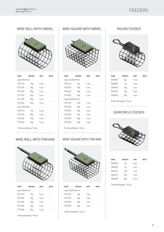 egerfish@egerfish.cz
www.egerfish.cz
9
Feeders
Wire roll with swivel
Code	 Weight	Unit	Note
cage 30x45mm		
7371210	 10g	 1 pcs
7371220	 20g	 1 pcs
7371230	 30g	 1 pcs
7371240	 40g	 1 pcs
7371250	 50g	 1 pcs
7371260	 60g	 1 pcs
cage 35x33mm		
7372210	 10g	 1 pcs
7372220	 20g	 1 pcs
7372230	 30g	 1 pcs
7372240	 40g	 1 pcs
Trade packaging: 10 pcs
Wire roll with tow bar
Code	 Weight	Unit	Note
cage 30x45mm		
7371310	 10g	 1 pcs
7371320	 20g	 1 pcs
7371330	 30g	 1 pcs
7371340	 40g	 1 pcs
7371350	 50g	 1 pcs
Trade packaging: 10 pcs
Wiresquarewithswivel
Code	 Weight	Unit	Note
cage 33x20x39mm		
7376210	 10g	 1 pcs
7376220	 20g	 1 pcs
7376230	 30g	 1 pcs
7376240	 40g	 1 pcs
cage 40x25x45mm		
7377210	 10g	 1 pcs
7377220	 20g	 1 pcs
7377230	 30g	 1 pcs
7377240	 40g	 1 pcs
7377250	 50g	 1 pcs
7377260	 60g	 1 pcs
Trade packaging: 10 pcs
Wire square with tow bar
Code	 Weight	Unit	Note
cage 40x25x45mm		
7377310	 10g	 1 pcs
7377320	 20g	 1 pcs
7377330	 30g	 1 pcs
7377340	 40g	 1 pcs
Trade packaging: 10 pcs
Round Feeder
Code	 Weight	Unit	Note
7040005	 5g	 1 pcs
7040007	 7g	 1 pcs
7040010	 10g	 1 pcs
7040015	 15g	 1 pcs
7040020	 20g	 1 pcs
Trade packaging: 10 pcs
Semicircle Feeder
Code	 Weight	Unit	Note
7040205	 5g	 1 pcs
7040207	 7g	 1 pcs
7040210	 10g	 1 pcs
7040215	 15g	 1 pcs
7040220	 20g	 1 pcs
Trade packaging: 10 pcs
 