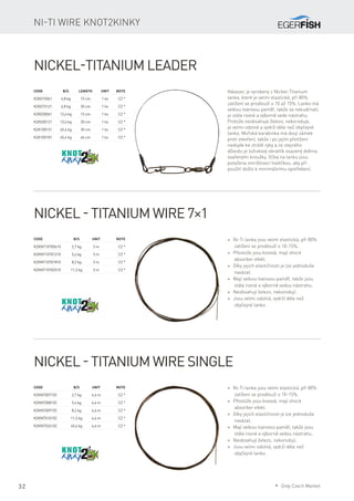 32
Nickel-Titanium leader
Code	 B/S	 Length	 Unit	Note
K2K015061	 6,8 kg	 15 cm	 1 ks	 CZ *
K2K015121	 6,8 kg	 30 cm	 1 ks	 CZ *
K2K030061	 13,6 kg	 15 cm	 1 ks	 CZ *
K2K030121	 13,6 kg	 30 cm	 1 ks	 CZ *
K2K100121	 45,4 kg	 30 cm	 1 ks	 CZ *
K2K100181	 45,4 kg	 46 cm	 1 ks	 CZ *
Návazec je vyrobený z Nickel-Titanium
lanka, které je velmi elastické, při 80%
zatížení se prodlouží o 10 až 15%. Lanko má
velkou tvarovou paměť, takže se nekudrnatí,
je stále rovné a výborně vede nástrahu.
Protože neobsahuje železo, nekoroduje,
je velmi odolné a vydrží déle než obyčejné
lanko. Mořská karabinka má dvojí zámek
proti otevření, takže i po jejím přetížení
nedojde ke ztrátě ryby a ze stejného
důvodu je ložiskový obratlík osazený dvěma
svařenými kroužky. Očka na lanku jsou
potažena smršťovací hadičkou, aby při
použití došlo k minimálnímu opotřebení.
Nickel - Titanium wire 7×1
Code	 B/S	Unit	Note
K2KNT1X700610	 2,7 kg	 3 m	 CZ *
K2KNT1X701210	 5,4 kg	 3 m	 CZ *
K2KNT1X701810	 8,2 kg	 3 m	 CZ *
K2KNT1X702510	 11,3 kg	 3 m	 CZ *
Nickel - Titanium wire single
Code	 B/S	Unit	Note
K2KNT00715C	 2,7 kg	 4,6 m	 CZ *
K2KNT00815C	 5,4 kg	 4,6 m	 CZ *
K2KNT00915C	 8,2 kg	 4,6 m	 CZ *
K2KNT01015C	 11,3 kg	 4,6 m	 CZ *
K2KNT02615C	 45,4 kg	 4,6 m	 CZ *
Ni-Ti wire Knot2Kinky
* Ni-Ti lanka jsou velmi elastická, při 80%
zatížení se prodlouží o 10-15%.
* Přestože jsou kovová, mají shock
absorber efekt.
* Díky jejich elastičnosti je lze jednoduše
navázat.
* Mají velkou tvarovou paměť, takže jsou
stále rovné a výborně vedou nástrahu.
* Neobsahují železo, nekorodují.
* Jsou velmi odolná, vydrží déle než
obyčejné lanko.
* Ni-Ti lanka jsou velmi elastická, při 80%
zatížení se prodlouží o 10-15%.
* Přestože jsou kovová, mají shock
absorber efekt.
* Díky jejich elastičnosti je lze jednoduše
navázat.
* Mají velkou tvarovou paměť, takže jsou
stále rovné a výborně vedou nástrahu.
* Neobsahují železo, nekorodují.
* Jsou velmi odolná, vydrží déle než
obyčejné lanko.
* Only Czech Market
 