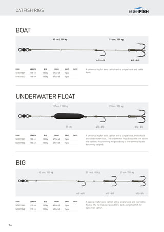34
Catfish rigs
Boat
A universal rig for wels catfish with a single hook and treble
hook.
Code	 Length	 B/S	Hook	 Unit	Note
SE8121021	 100 cm	 100 kg	 4/0 + 6/0	 1 pcs
SE8121022	 100 cm	 100 kg	 6/0 + 8/0	 1 pcs
67 cm / 100 kg 33 cm / 100 kg
4/0 - 6/0 6/0 - 8/0
Underwater Float
A universal rig for wels catfish with a single hook, treble hook
and underwater float. The underwater float buoys the line above
the baitfish, thus limiting the possibility of the terminal tackle
becoming tangled.
Code	 Length	 B/S	Hook	 Unit	Note
SE8121031	 180 cm	 100 kg	 4/0 + 6/0	 1 pcs
SE8121032	 180 cm	 100 kg	 6/0 + 8/0	 1 pcs
157 cm / 100 kg 23 cm / 100 kg
11 cm 4/0 - 6/0 6/0 - 8/0
Big
A special rig for wels catfish with a single hook and two treble
hooks. The rig makes it possible to bait a large baitfish for
specimen catfish.
Code	 Length	 B/S	Hook	 Unit	Note
SE8121041	 110 cm	 100 kg	 4/0 + 6/0	 1 pcs
SE8121042	 110 cm	 100 kg	 6/0 + 8/0	 1 pcs
62 cm / 100 kg
4/0 - 6/0
23 cm / 100 kg 25 cm / 100 kg
6/0 - 8/0 6/0 - 8/0
 