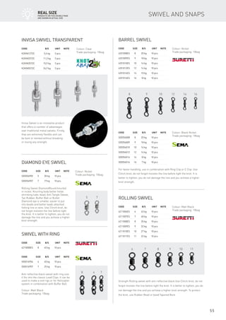 121098 14 16
6 7 8 9 10 11
5 7
8 4 7
55
Invisa swivel transparent
Code		 B/S	 Unit	Note
K2KIN1272C		 5,4 kg	 5 pcs	
K2KIN2572C		 11,3 kg	 5 pcs	
K2KIN3572C		 15,9 kg	 5 pcs	
K2KIN5572C		 24,9 kg	 5 pcs	
Invisa Swivel is an innovative product
that offers a number of advantages
over traditional metal swivels. Firstly,
they are extremely flexible and can
be bent or twisted without breaking
or losing any strength.
Barrel swivel
Code	Size	 B/S	 Unit	Note
4201008ES	 8	 20 kg	 10 pcs	
4201009ES	 9	 18 kg	 10 pcs	
4201010ES	 10	 16 kg	 10 pcs	
4201012ES	 12	 14 kg	 10 pcs	
4201014ES	 14	 10 kg	 10 pcs	
4201016ES	 16	 8 kg	 10 pcs	
Code	Size	 B/S	 Unit	Note
SE8356008	 8	 20 kg	 10 pcs
SE8356009	 9	 18 kg	 10 pcs
SE8356010	 10	 16 kg	 10 pcs
SE8356012	 12	 14 kg	 10 pcs
SE8356014	 14	 8 kg	 10 pcs
SE8356016	 16	 7 kg	 10 pcs
For faster handling, use in combination with Ring Clip or C Clip. Use
Clinch knot, do not forgot moisten the line before tight the knot. It is
better to tighten, you do not damage the line and you achieve a higher
knot strength.
Rolling swivel
Code	Size	 B/S	 Unit	Note
4211006ES	 6	 43 kg	 10 pcs
4211007ES	 7	 40 kg	 10 pcs
4211008ES	 8	 35 kg	 10 pcs
4211009ES	 9	 32 kg	 10 pcs
4211010ES	 10	 27 kg	 10 pcs
4211011ES	 11	 22 kg	 10 pcs
Strength Rolling swivel with anti-reflective black.Use Clinch knot, do not
forgot moisten the line before tight the knot. It is better to tighten, you do
not damage the line and you achieve a higher knot strength. To protect
the knot, use Rubber Bead or bead Tapered Bore.
Colour: Clear
Trade packaging: 10bag
Colour: Nickel
Trade packaging: 10bag
Colour: Black Nickel
Trade packaging: 10bag
Colour: Matt Black
Trade packaging: 10bag
Diamond eye swivel
Code	Size	 B/S	 Unit	Note
SE8356905	 5	 30 kg	 10 pcs
SE8356907	 7	 19 kg	 10 pcs
Rolling Swivel DiamondRound knurled
in nickel. Knurling body better holds
shrinking tube, bead, Anti Tangle Sleeve,
Tail Rubber, Buffer Ball or Bullet.
Diamond eye is smaller, easier to put
into beads and better leads attached
fishing line or wire. Use Clinch knot, do
not forgot moisten the line before tight
the knot. It is better to tighten, you do not
damage the line and you achieve a higher
knot strength.
Colour: Nickel
Trade packaging: 10bag
Swivel with ring
Code	Size	 B/S	 Unit	Note
4215008ES	 8	 45 kg	 10 pcs
Anti-reflective black swivel with ring size
4 fits into the classic Lead Clips. It can be
used to make a end rigs or for Helicopter
system in combination with Buffer Ball.
Colour: Matt Black
Trade packaging: 10bag
Code	Size	 B/S	 Unit	Note
SE8316904	 4	 45 kg	 10 pcs
SE8316907	 7	 25 kg	 10 pcs
Swivel and snapsreAl SIZE
Products on this double page
are shown in actual size
 