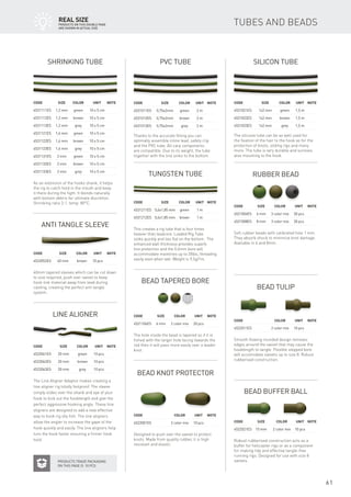 61
Shrinking tube
Code	Size	 Color	 Unit	Note
4531111ES	 1,2 mm	 green	 10 x 5 cm
4531112ES	 1,2 mm	 brown	 10 x 5 cm
4531113ES	 1,2 mm	 grey	 10 x 5 cm
4531121ES	 1,6 mm	 green	 10 x 5 cm
4531122ES	 1,6 mm	 brown	 10 x 5 cm
4531123ES	 1,6 mm	 grey	 10 x 5 cm
4531131ES	 2 mm	 green	 10 x 5 cm
4531132ES	 2 mm	 brown	 10 x 5 cm
4531133ES	 2 mm	 grey	 10 x 5 cm
As an extension of the hooks shank, it helps
the rig to catch hold in the mouth and keep
it there during the fight. It blends naturally
with bottom debris for ultimate discretion.
Shrinking ratio 2:1, temp. 80°C.
PVC tube
Code	Size	 Color	 Unit	Note
4531011ES	 0,75x2mm	 green	 2 m
4531012ES	 0,75x2mm	 brown	 2 m
4531013ES	 0,75x2mm	 grey	 2 m
Thanks to the accurate fitting you can
optimally assemble inline lead, safety clip
and the PVC tube. All carp components
are compatible. Due to its weight, the tube
together with the line sinks to the bottom.
Silicon tube
The silicone tube can be as well used for
the fixation of the hair to the hook as for the
protection of knots, sliding rigs and many
more. The tube is very durable and survives
also mounting to the hook.
Code	Size	 Color	 Unit	Note
4531021ES	 1x2 mm	 green	 1,5 m
4531022ES	 1x2 mm	 brown	 1,5 m
4531023ES	 1x2 mm	 grey	 1,5 m
Tungsten tube
Code	Size	 Color	 Unit	Note
4531211ES	 0,6x1,85 mm	 green	 1 m
4531212ES	 0,6x1,85 mm	 brown	 1 m
This creates a rig tube that is four times
heavier than leadcore. Loaded Rig Tube
sinks quickly and lies flat on the bottom. The
enhanced wall thickness provides superb
line protection and the 0.6mm bore will
accommodate mainlines up to 20lbs, threading
easily even when wet. Weight is 9,5g/1m.
Line Aligner
The Line Aligner Adaptor makes creating a
line aligner rig totally foolproof. The sleeve
simply slides over the shank and eye of your
hook to kick out the hooklength and give the
perfect aggressive hooking angle. These line
aligners are designed to add a new effective
way to hook rig shy fish. The line aligners
allow the angler to increase the gape of the
hook quickly and easily. The line aligners help
turn the hook faster ensuring a firmer hook
hold.
Code	Size	 Color	 Unit	Note
4522061ES	 20 mm	 green	 10 pcs
4522062ES	 20 mm	 brown	 10 pcs
4522063ES	 20 mm	 grey	 10 pcs
Anti Tangle Sleeve
Code	Size	 Color	 Unit	Note
4522052ES	 40 mm	 brown	 10 pcs
40mm tapered sleeves which can be cut down
to size required, push over swivel to keep
hook link material away from lead during
casting, creating the perfect anti tangle
system.
Rubber Bead
Code	Size	 Color	 Unit	Note
4521006ES	 6 mm	 3 color mix	 30 pcs
4521008ES	 8 mm	 3 color mix	 30 pcs
Soft rubber beads with calibrated hole 1 mm.
They absorb shock to minimize knot damage.
Available in 6 and 8mm.
Bead Tapered Bore
Code	Size	 Color	 Unit	Note
4521106ES	 6 mm	 2 color mix	 20 pcs
The hole inside the bead is tapered so if it is
fished with the larger hole facing towards the
rod then it will pass more easily over a leader
knot.
Bead Knot Protector
Code	 	 Color	 Unit	Note
4522001ES		 2 color mix	 10 pcs
Designed to push over the swivel to protect
knots. Made from quality rubber, it is high
resistant and elastic.
Bead Tulip
Code	 	 Color	 Unit	Note
4522011ES		 2 color mix	 10 pcs
Smooth flowing rounded design removes
edges around the swivel that may cause the
hooklength to tangle. Flexible stepped bore
will accomodate swivels up to size 8. Robust
rubberised construction.
Bead Buffer Ball
Code	Size	 Color	 Unit	Note
4522021ES	 15 mm	 2 color mix	 10 pcs
Robust rubberised construction acts as a
buffer for helicopter rigs or as a component
for making tidy and effective tangle-free
running rigs. Designed for use with size 8
swivels.
Tubes and beads
Products Trade packaging
on this page is 10 pcs
reAl SIZE
Products on this double page
are shown in actual size
 