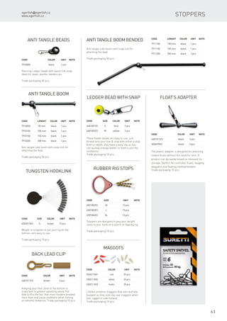 egerfish@egerfish.cz
www.egerfish.cz
63
Anti tangle beads
Running Ledger beads with quick link snap.
Ideal for leads, bombs, feeders etc.
Trade packaging 50 pcs.
Anti tangle boom
Code	 Lenght	 Color	 Unit	Note
7910050	 50 mm	 black	 1 pcs
7910100	 100 mm	 black	 1 pcs
7910150	 150 mm	 black	 1 pcs
7910200	 200 mm	 black	 1 pcs
Anti tangle tube boom with snap link for
attaching the lead.
Trade packaging 50 pcs
Code		 Color	 Unit	Note
7910000		 black	 1 pcs
Anti tangle boom bended Code	 Lenght	 Color	 Unit	Note
7911100	 100 mm	 black	 1 pcs
7911150	 150 mm	 black	 1 pcs
7911200	 200 mm	 black	 1 pcs
Anti tangle tube boom with snap link for
attaching the lead.
Trade packaging 50 pcs.
Ledger Bead with Snap
Code	Size	 Color	 Unit	Note
4481001ES	 S	 blue	 3 pcs
4481002ES	 M	 yellow	 3 pcs
These feeder beads are easy to use, just
thread onto your line & stop with either a stop
knot or swivel, they have a easy clip so you
can quickly change feeder or lead to suit the
conditions.
Trade packaging 10 pcs.
Float’s adapter
Code		 Color	 Unit	Note
4481011ES		 black	 3 pcs
SE8699061		 black	 3 pcs
The plastic adaptor is designed for attaching
loaded floats without the need for shot. A
product can be easily moved or removed for
storage. Perfect for controller floats, bagging
wagglers and floating method feeders.
Trade packaging 10 pcs.Rubber rig stops
Stoppers are designed to peg your weight
close to your hook on a punch or flipping rig.
Trade packaging 10 pcs
Code	Size		 Unit	Note
4501002ES	 M		 15 pcs
4501003ES	 L		 15 pcs
4501004ES	XL		 15 pcs
Tungsten Hooklink
Weight in tungsten to put your rig on the
bottom, very easy to use.
Trade packaging 10 pcs
Code	Size	 Color	 Unit	Note
4502012ES	 S	 brown	 15 pcs
Stoppers
Back Lead clip
Keeping your line close to the bottom is
important to prevent spooking weary fish.
Add to this the fact that most modern braided
lines float and cause problems when fishing
at extreme distances. Trade packaging 10 pcs
Code		 Color	 Unit	Note
4601011ES		 brown	 4 pcs
Maggots
Lifelike imitation maggots that are neutrally
buoyant so they sink like real maggots when
hair rigged or side hooked.
Trade packaging 10 pcs.
Code		 Color	 Unit	Note
SE8211001		 red	 25 pcs
SE8211002		 white	 25 pcs
SE8211003		 fosfor	 25 pcs
 