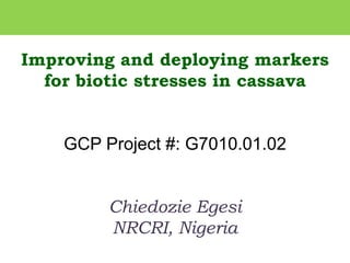 Improving and deploying markers
for biotic stresses in cassava
GCP Project #: G7010.01.02
Chiedozie Egesi
NRCRI, Nigeria
 