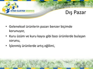 Dış Pazar Geleneksel ürünlerin pazarı benzer biçimde korunuyor, Kuru üzüm ve kuru kayısı gibi bazı ürünlerde bulaşan sorunu,  İşlenmiş ürünlerde artış eğilimi, 