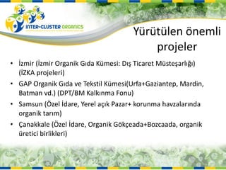 Yürütülen önemli projeler İzmir (İzmir Organik Gıda Kümesi: Dış Ticaret Müsteşarlığı) (İZKA projeleri) GAP Organik Gıda ve Tekstil Kümesi(Urfa+Gaziantep, Mardin, Batman vd.) (DPT/BM Kalkınma Fonu) Samsun (Özel İdare, Yerel açık Pazar+ korunma havzalarında organik tarım) Çanakkale (Özel İdare, Organik Gökçeada+Bozcaada, organik üretici birlikleri) 