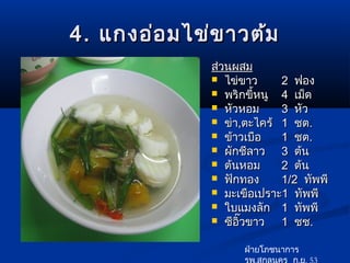 4. แกงอ่อ มไข่ข าวต้ม
              ส่วนผสม
               ไข่ขาว     2 ฟอง
               พริกขี้หนู 4 เม็ด
               หัวหอม     3 หัว
               ข่า,ตะไคร้ 1 ชต.
               ข้าวเบือ   1 ชต.
               ผักชีลาว   3 ต้น
               ต้นหอม     2 ต้น
               ฟักทอง     1/2 ทัพพี
               มะเขือเปราะ1 ทัพพี
               ใบแมงลัก 1 ทัพพี
               ซีอิ๊วขาว  1 ชช.

                    ฝ่ายโภชนาการ
                    รพ.สกลนคร ก.ย. 53
 