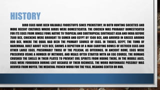 HISTORY
BIRD EGGS HAVE BEEN VALUABLE FOODSTUFFS SINCE PREHISTORY, IN BOTH HUNTING SOCIETIES AND
MORE RECENT CULTURES WHERE BIRDS WERE DOMESTICATED. THE CHICKEN WAS PROBABLY DOMESTICATED
FOR ITS EGGS FROM JUNGLE FOWL NATIVE TO TROPICAL AND SUBTROPICAL SOUTHEAST ASIA AND INDIA BEFORE
7500 BCE. CHICKENS WERE BROUGHT TO SUMER AND EGYPT BY 1500 BCE, AND ARRIVED IN GREECE AROUND
800 BCE, WHERE THE QUAIL HAD BEEN THE PRIMARY SOURCE OF EGGS. IN THEBES, EGYPT, THE TOMB OF
HAREMHAB, BUILT ABOUT 1420 BCE, SHOWS A DEPICTION OF A MAN CARRYING BOWLS OF OSTRICH EGGS AND
OTHER LARGE EGGS, PRESUMABLY THOSE OF THE PELICAN, AS OFFERINGS. IN ANCIENT ROME, EGGS WERE
PRESERVED USING A NUMBER OF METHODS, AND MEALS OFTEN STARTED WITH AN EGG COURSE. THE ROMANS
CRUSHED THE SHELLS IN THEIR PLATES TO PREVENT EVIL SPIRITS FROM HIDING THERE. IN THE MIDDLE AGES,
EGGS WERE FORBIDDEN DURING LENT BECAUSE OF THEIR RICHNESS. THE WORD MAYONNAISE POSSIBLY WAS
DERIVED FROM MOYEU, THE MEDIEVAL FRENCH WORD FOR THE YOLK, MEANING CENTER OR HUB.
 