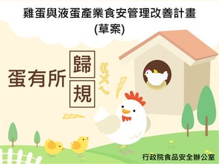 雞蛋與液蛋產業食安管理改善計畫
(草案)
行政院食品安全辦公室
蛋有所
規
歸
 