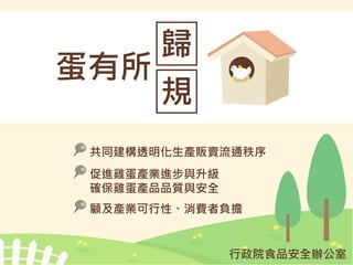 行政院食品安全辦公室
蛋有所
規
歸
共同建構透明化生產販賣流通秩序
促進雞蛋產業進步與升級
確保雞蛋產品品質與安全
顧及產業可行性、消費者負擔
 