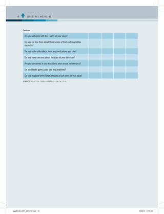10	          LIFESTYLE MEDICINE




           Continued

             Are you unhappy with the quality of your sleep?

             Do you eat less than about three serves of fruit and vegetables
             each day?

             Do you suffer side effects from any medications you take?

             Do you have concerns about the state of your skin/hair?

             Are you concerned in any way about your sexual performance?

             Do your teeth/gums cause you any problems?

             Do you regularly drink large amounts of soft drink or fruit juice?

           SOURCE: ADAPTED FROM GOODYEAR-SMITH ET AL., 2004




egg98124_ch01_001-010.indd 10                                                     9/30/10 9:15 AM
 