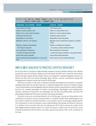 CHAPTER 1       I n t r o d u c t i o n t o l i f e s t y l e m e d i c i n e      5




                TABLE 1.1	 DIFFERENCES BETWEEN TRADITIONAL/CONVENTIONAL AND LIFESTYLE
                           MEDICINE APPROACHES IN PRIMARY CARE

                TRADITIONAL/CONVENTIONAL MEDICINE                          LIFESTYLE MEDICINE

                Treats individual risk factors                             Treats lifestyle causes
                Patient is a passive recipient of care                     Patient is an active partner in care
                Patient is not required to make big changes                Patient is required to make big changes
                Treatment is often short term                              Treatment is always long term
                Responsibility is on the clinician                         Responsibility is also on the patient
                Medication is often the ‘end’ treatment                    Medication may be needed but the emphasis is on lifestyle
                                                                           change
                Emphasizes diagnosis and prescription                      Emphasizes motivation and compliance
                Goal is disease management                                 Goal is primary/secondary/tertiary prevention
                Less consideration of environment                          More consideration of environment
                Side effects are balanced by benefits                      Side effects that impact on lifestyle require greater attention
                Involves other medical specialties                         Involves allied health professionals
                Doctor generally operates independently, on a one-to-one   Doctor is part of a team of health professionals
                basis




              WHO IS BEST QUALIFIED TO PRACTICE LIFESTYLE MEDICINE?
              In our view, there is currently no single discipline equipped to practice lifestyle medicine alone. Medical
              practitioners have the training to diagnose and treat disease but little time to supervise and motivate
              patients through complex lifestyle change. Nurses are equipped for ongoing management and care of
              patients but they often lack specific knowledge about nutrition, exercise, and behavior change (the
              emerging breed of practice nurses may be able to fill this gap).
                   Dieticians can advise on the basis of existing nutritional knowledge but the ground is constantly
              changing under their feet and they often have a minimal background in exercise or behavior change.
              Exercise physiologists are knowledgeable about the physical activity requirements for specific problems
              but have less complete knowledge of nutrition and psychology. Psychologists and complementary
              medicine practitioners bring their own advantages but lack the prescribing ability and often the
              physiological background of the doctor and other mainstream disciplines.
                   University courses are now being tailored to try to fill this gap. Courses are being offered in the
              combination of nutrition, exercise, and psychology (i.e. metabolic health). Many medical degrees now
              also include a related non-medical discipline as a prerequisite and are increasingly emphasising the
              role of prevention as well as treatment, and an understanding of psychology and behavior. However,
              it is unlikely in the near future that any one professional will be able to assume the mantle of the
              fully-fledged lifestyle medicine expert. As a result, the practice is likely to be carried out by a team
              of health professionals with the doctor, very often a general practitioner (GP), as the coordinator of
              the team.




egg98124_ch01_001-010.indd 5                                                                                                                       9/30/10 9:15 AM
 