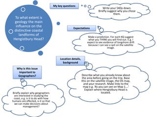 To what extent is 
geology the main 
influence on the 
distinctive coastal 
landforms of 
Hengistbury Head? 
My key questions 
Location details, 
background 
Why is this issue 
important to 
Geographers? 
Expectations 
Write your 5KQs down. 
Briefly suggest why you chose 
them. 
Make a prediction. For each KQ suggest 
what you THINK you will find out. E.g. I 
expect to see evidence of longshore drift 
because I can see a spit on the satellite 
image. 
Describe what you already know about 
the area before going on the trip. Base 
this on the satellite image, the OS map, 
and your research. Make links to the 
map e.g. ‘As you can see on Map 1….’ 
Explain where Hengistbury Head is 
Briefly explain why geographers located. 
are interested in studying the 
coast, e.g. is it to do with how 
humans are effected, is it so that 
we can make decisions about 
management? 
 