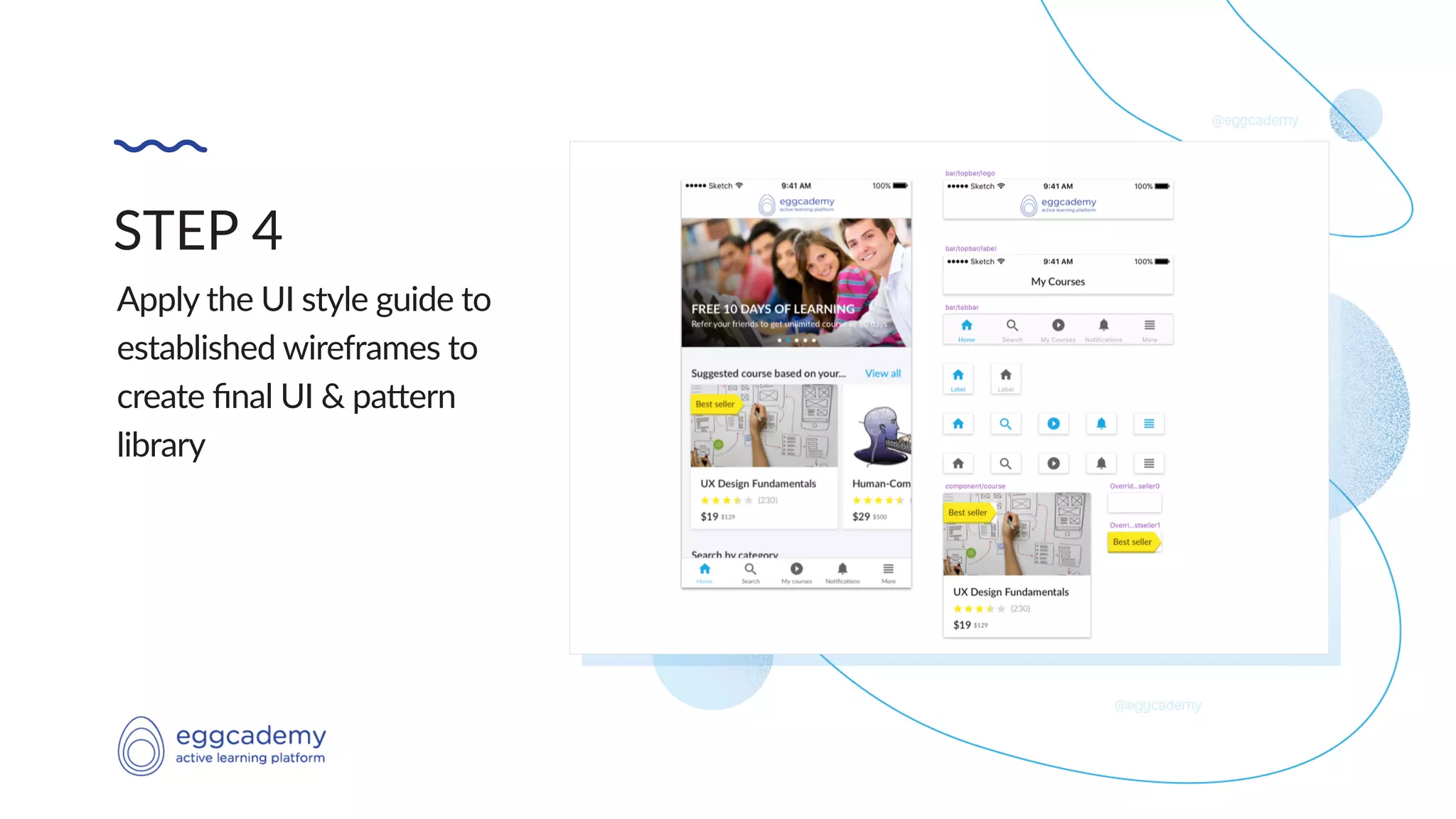 STEP 4
Apply the UI style guide to
established wireframes to
create ﬁnal UI & pa@ern
library
 