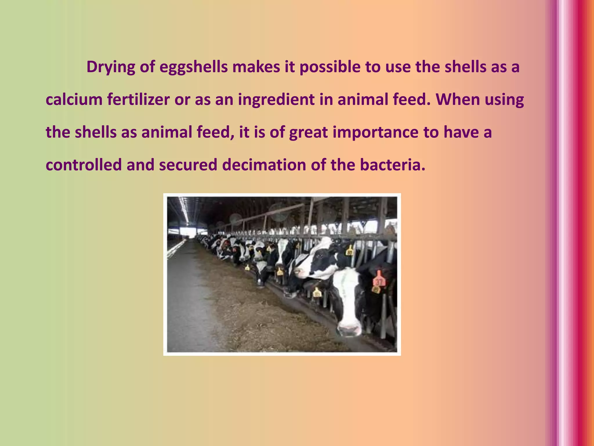 Drying of eggshells makes it possible to use the shells as a
calcium fertilizer or as an ingredient in animal feed. When using
the shells as animal feed, it is of great importance to have a
controlled and secured decimation of the bacteria.
 