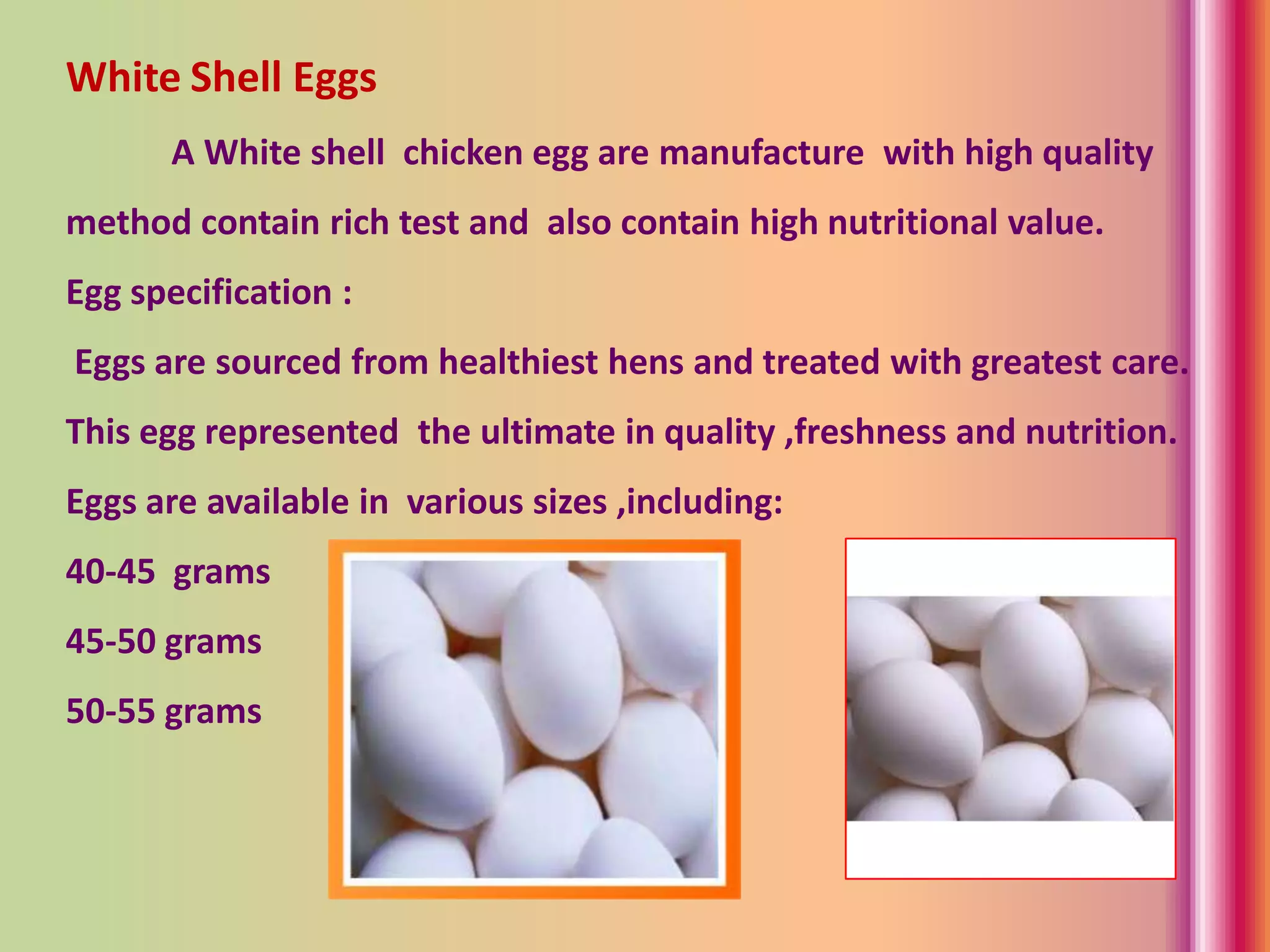 White Shell Eggs
A White shell chicken egg are manufacture with high quality
method contain rich test and also contain high nutritional value.
Egg specification :
Eggs are sourced from healthiest hens and treated with greatest care.
This egg represented the ultimate in quality ,freshness and nutrition.
Eggs are available in various sizes ,including:
40-45 grams
45-50 grams
50-55 grams
 
