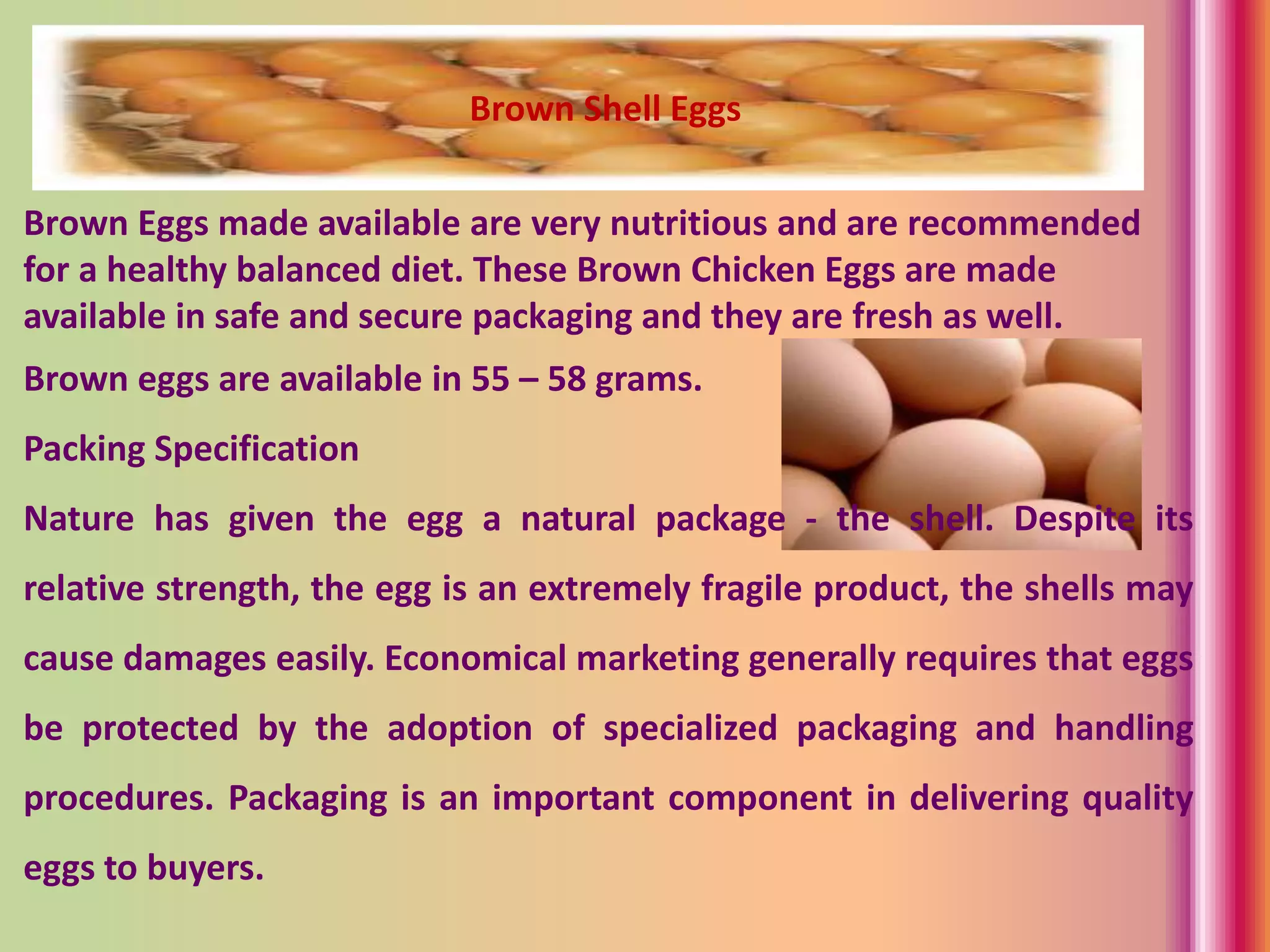 Brown Eggs made available are very nutritious and are recommended
for a healthy balanced diet. These Brown Chicken Eggs are made
available in safe and secure packaging and they are fresh as well.
Brown eggs are available in 55 – 58 grams.
Packing Specification
Nature has given the egg a natural package - the shell. Despite its
relative strength, the egg is an extremely fragile product, the shells may
cause damages easily. Economical marketing generally requires that eggs
be protected by the adoption of specialized packaging and handling
procedures. Packaging is an important component in delivering quality
eggs to buyers.
Brown Shell Eggs
 