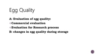 A: Evaluation of egg quality:
Commercial evaluation
Evaluation for Research process
B: changes in egg quality during storage
 