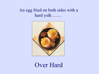 Over Hard
An egg fried on both sides with a
hard yolk ……
 