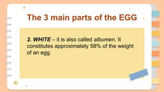 The 3 main parts of the EGG
2. WHITE – it is also called albumen. It
constitutes approximately 58% of the weight
of an egg.
 