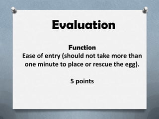 Evaluation
                Function
Ease of entry (should not take more than
 one minute to place or rescue the egg).

                5 points
 
