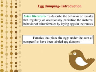 4
Egg dumping- Introduction
Avian literature- To describe the behavior of females
that regularly or occasionally parasitize the maternal
behavior of other females by laying eggs in their nests
Females that place the eggs under the care of
conspecifics have been labeled egg dumpers
 