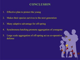 72
CONCLUSION
1. Effective plan to protect the young
2. Makes their species survives to the next generation
3. Many adaptive advantage for off-spring
4. Synchronous hatching promote aggregation of youngone
5. Large scale aggregation of off-spring act as co-operative
defense
 