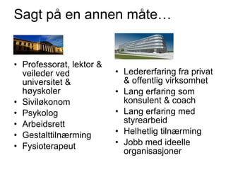 Sagt på en annen måte… Professorat, lektor & veileder ved universitet & høyskoler Siviløkonom Psykolog  Arbeidsrett Gestalttilnærming Fysioterapeut Ledererfaring fra privat & offentlig virksomhet Lang erfaring som konsulent & coach Lang erfaring med styrearbeid Helhetlig tilnærming Jobb med ideelle organisasjoner 