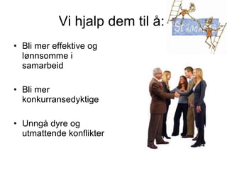 Vi hjalp dem til å:  Bli mer effektive og lønnsomme i samarbeid Bli mer konkurransedyktige Unngå dyre og utmattende konflikter 
